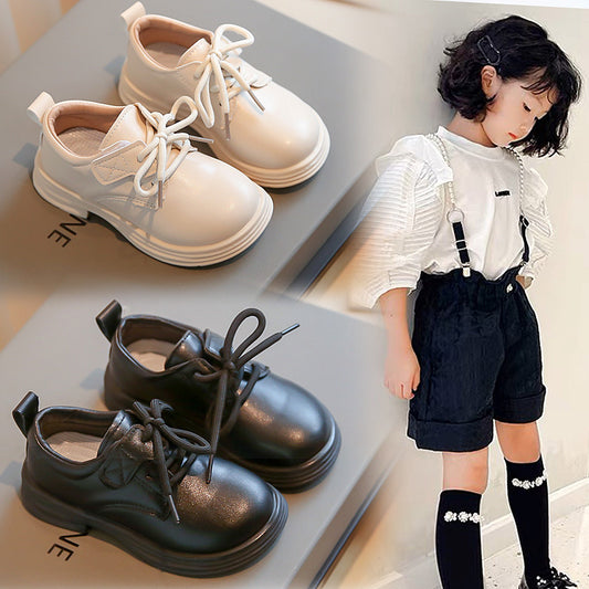 Children's Spring British Style Black Princess White Leather Shoes