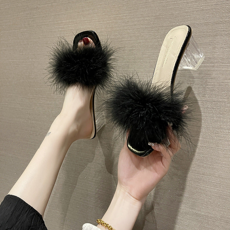 Women's Fashion Furry Open Toe Square Stiletto Heels
