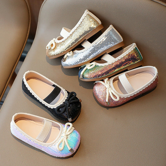 Children's Autumn Korean Style Sequin Princess Bow Leather Shoes