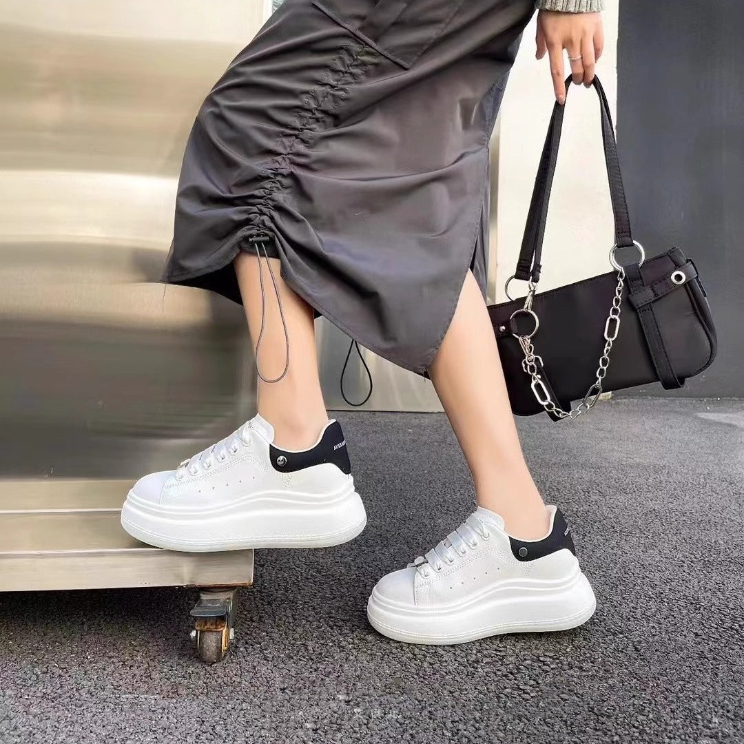 Women's White Height Increasing Round Head Flat Sneakers