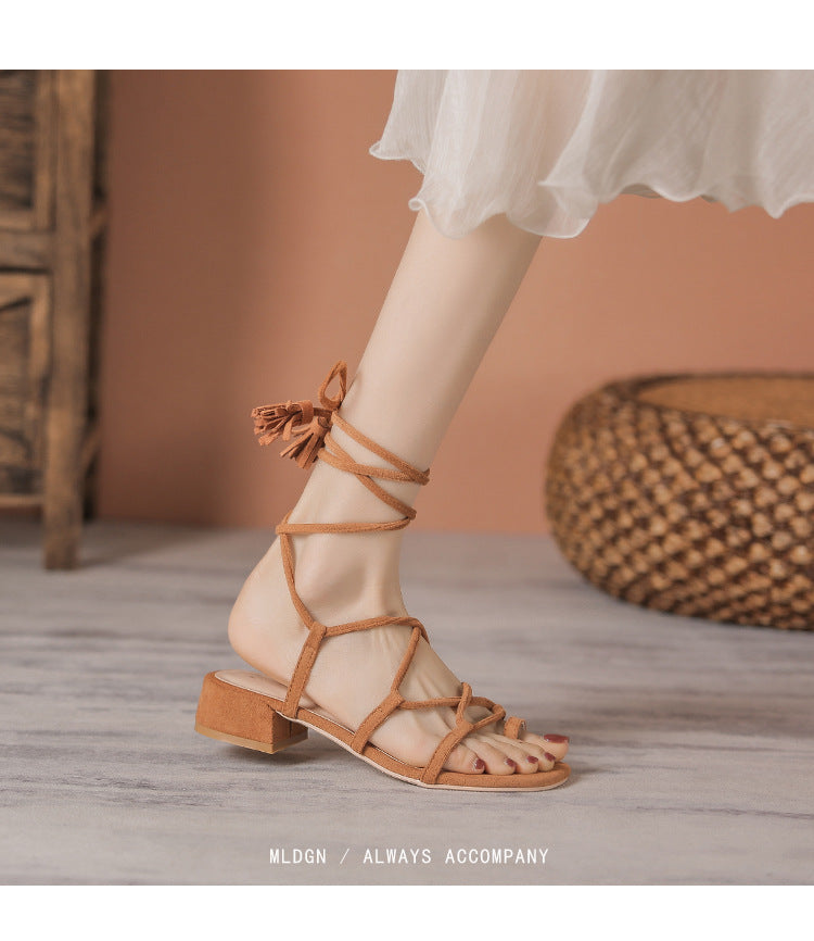 Women's Toe Chunky Ankle Ring Bandage Cloth Tassel Heels