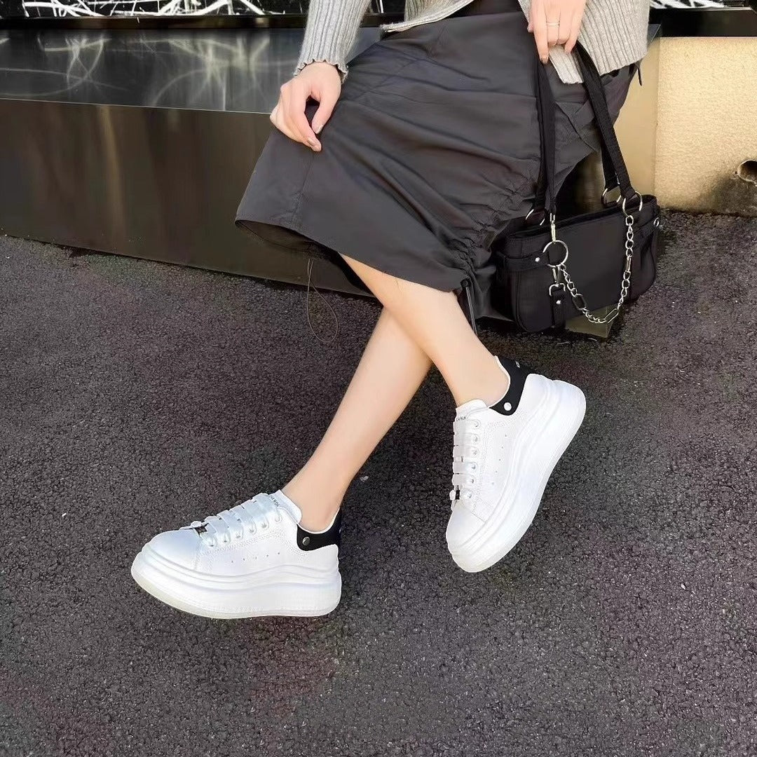 Women's White Height Increasing Round Head Flat Sneakers