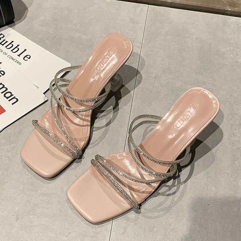 Women's High Stiletto Square Toe Rhinestone Crystal Heels