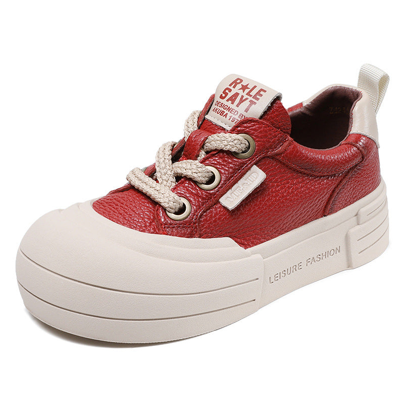 Women's Layer Cowhide Thick Bottom Board Red Sneakers