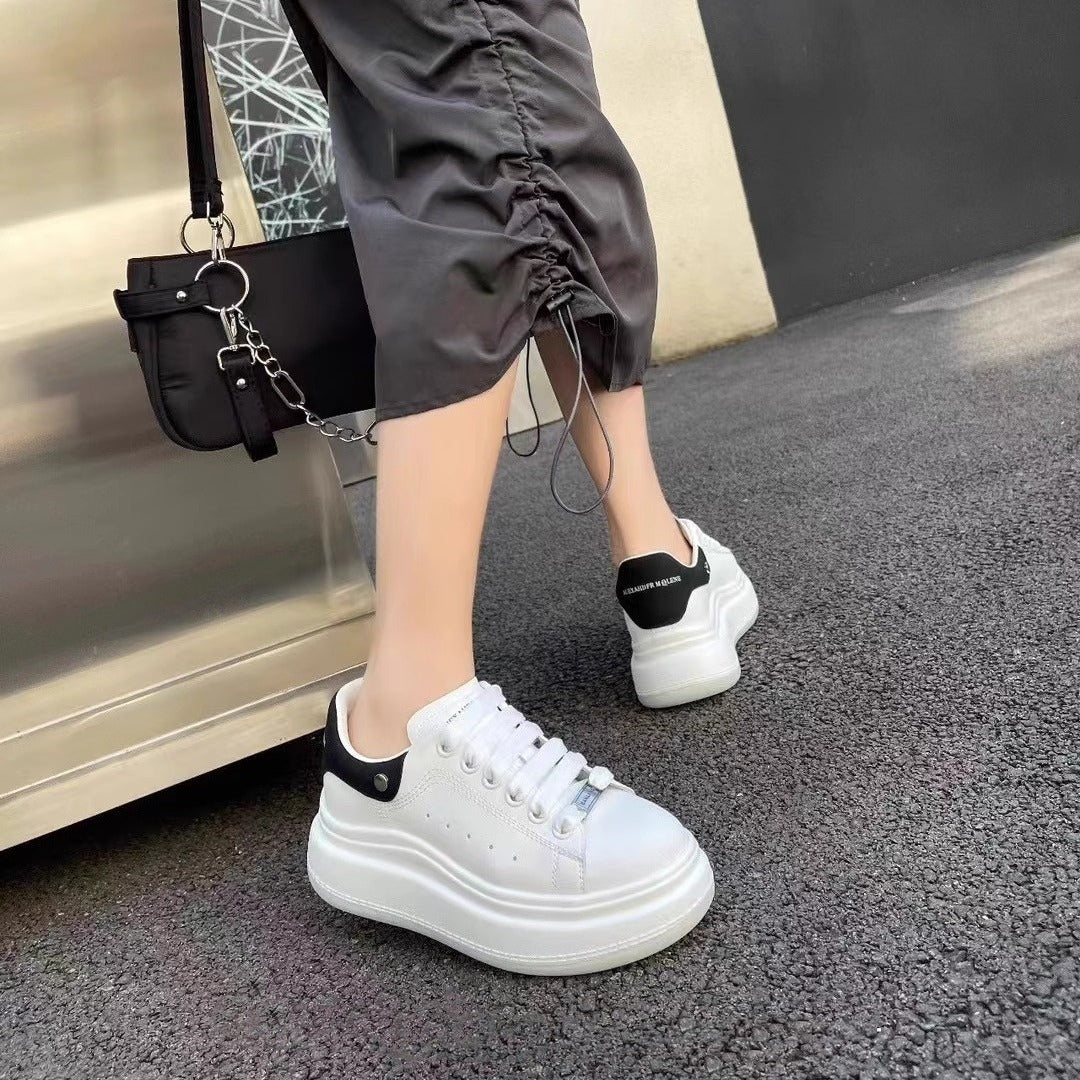 Women's White Height Increasing Round Head Flat Sneakers