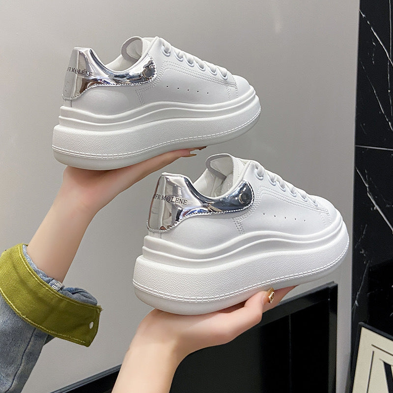 Women's White Height Increasing Round Head Flat Sneakers