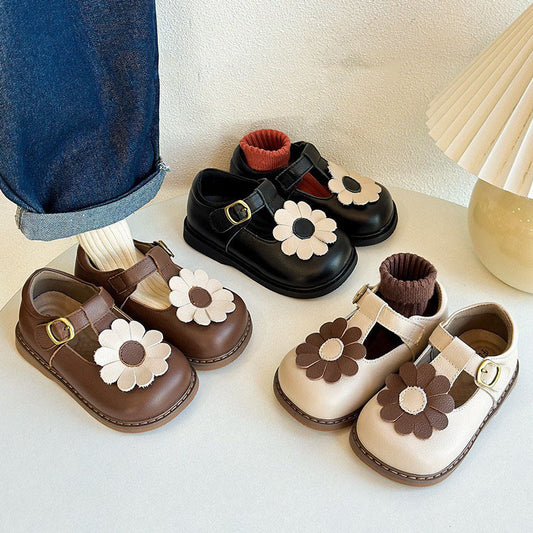 Children's Korean Style Round Toe Sunflower Princess Leather Shoes