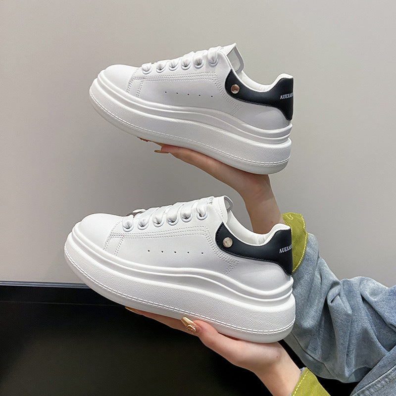 Women's White Height Increasing Round Head Flat Sneakers