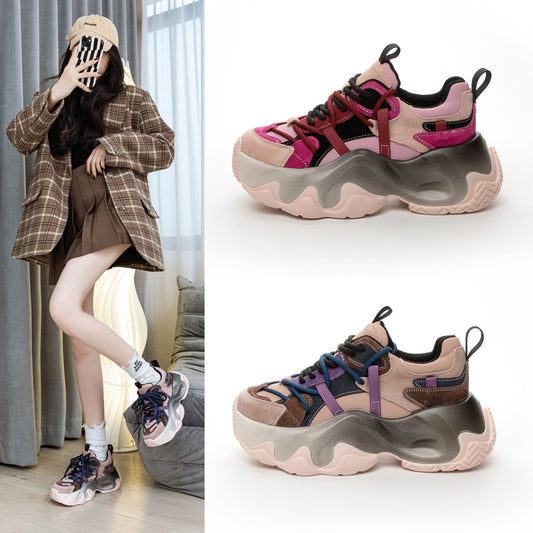 Women's Pink Platform Dad Spring Height Increasing Insole Sneakers