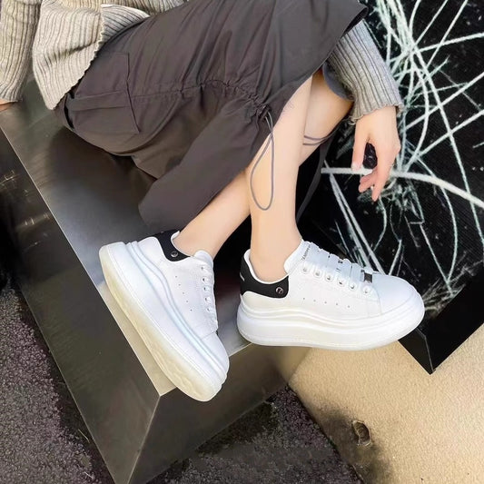 Women's White Height Increasing Round Head Flat Sneakers